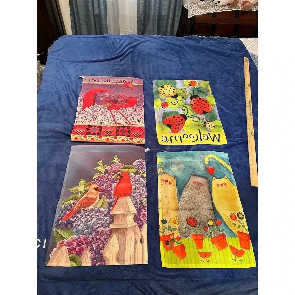 Set of‎ 4 Garden Flags Cardinal Rooster Cats Ladybugs 10x15
